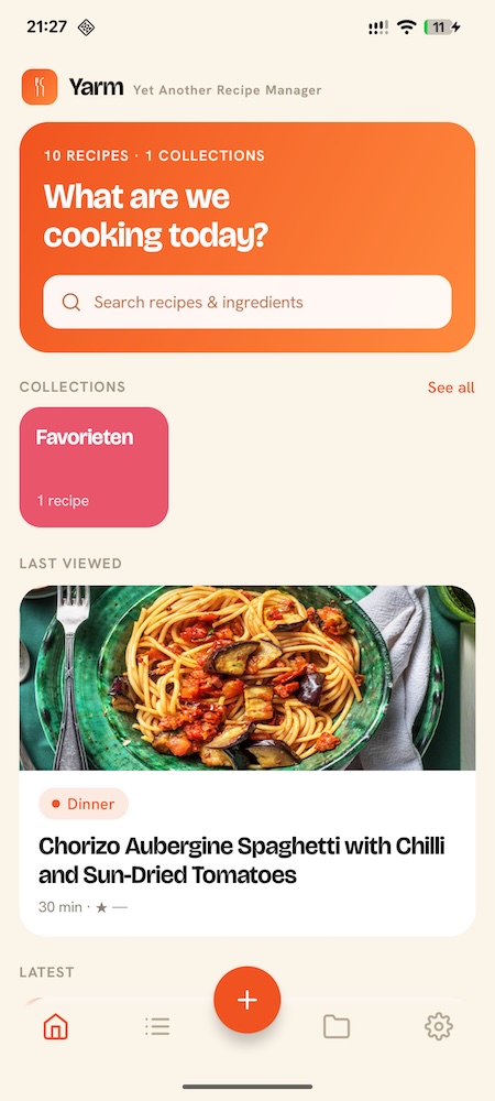 The Yarm app showing collections and recently viewed recipes
